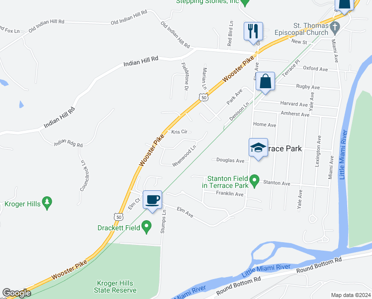 map of restaurants, bars, coffee shops, grocery stores, and more near 132 Wrenwood Lane in Terrace Park