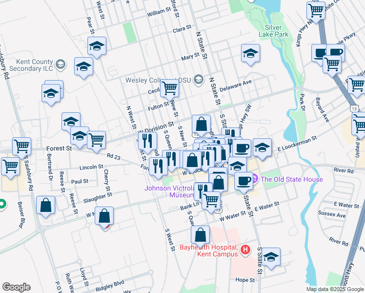 map of restaurants, bars, coffee shops, grocery stores, and more near 305 West Reed Street in Dover