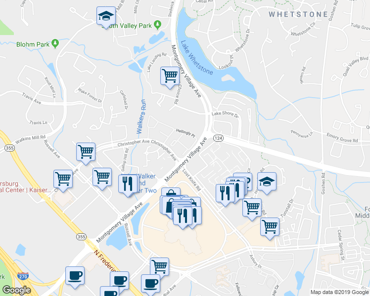 map of restaurants, bars, coffee shops, grocery stores, and more near 9816 Hellingly Place in Montgomery Village