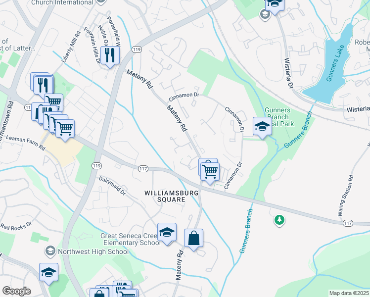 map of restaurants, bars, coffee shops, grocery stores, and more near 18585 Split Rock Lane in Germantown