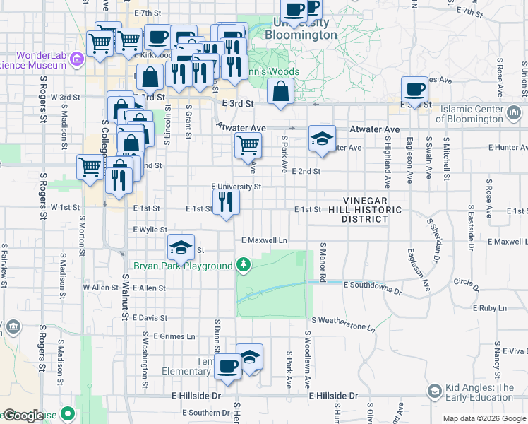 map of restaurants, bars, coffee shops, grocery stores, and more near in Bloomington