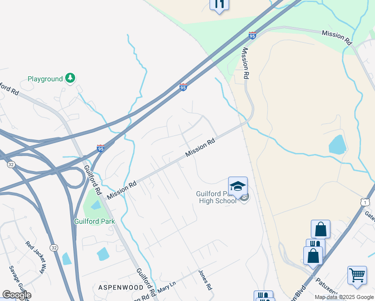map of restaurants, bars, coffee shops, grocery stores, and more near 8702 Mission Road in Jessup