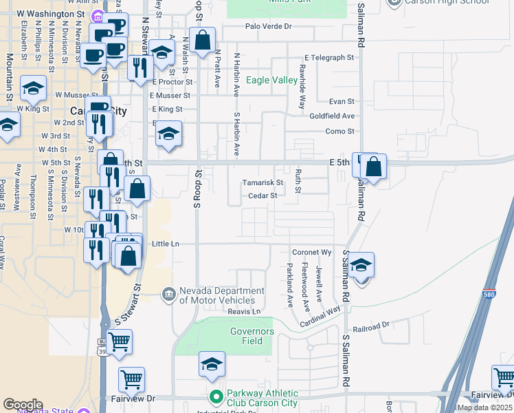 map of restaurants, bars, coffee shops, grocery stores, and more near 1123 Cedar Street in Carson City