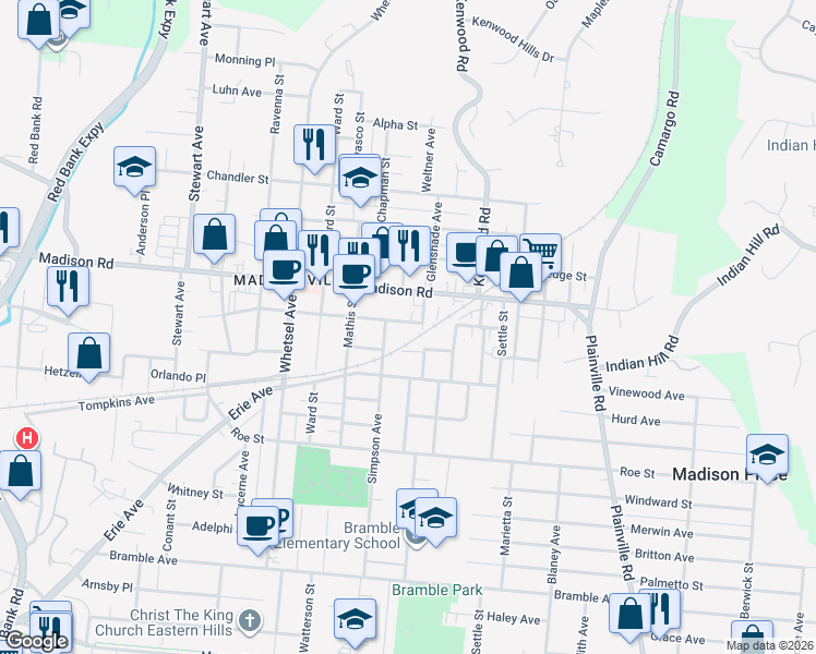 map of restaurants, bars, coffee shops, grocery stores, and more near 6217 Prentice Street in Cincinnati