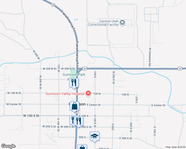 map of restaurants, bars, coffee shops, grocery stores, and more near 121 North 100 East Street in Gunnison