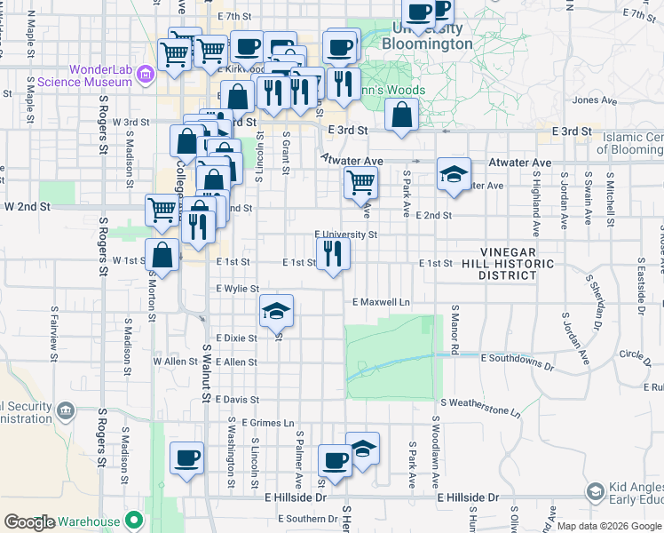 map of restaurants, bars, coffee shops, grocery stores, and more near 518 East 1st Street in Bloomington