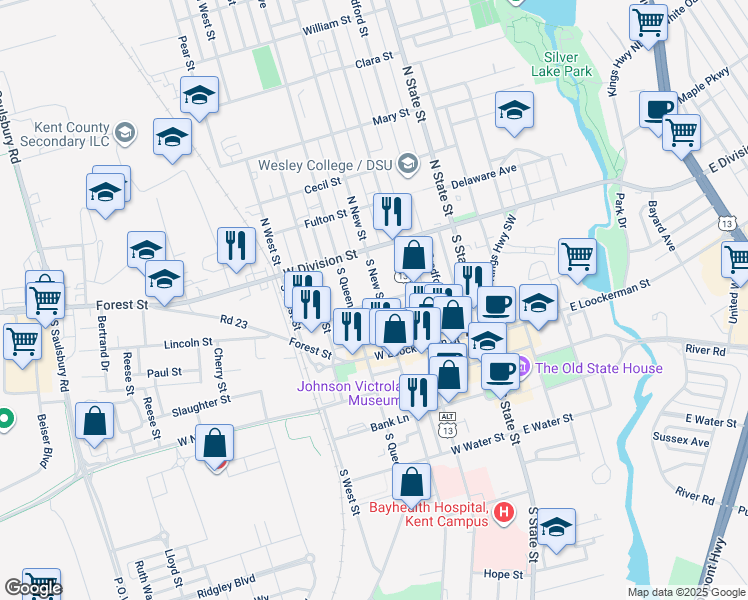 map of restaurants, bars, coffee shops, grocery stores, and more near 305 West Reed Street in Dover