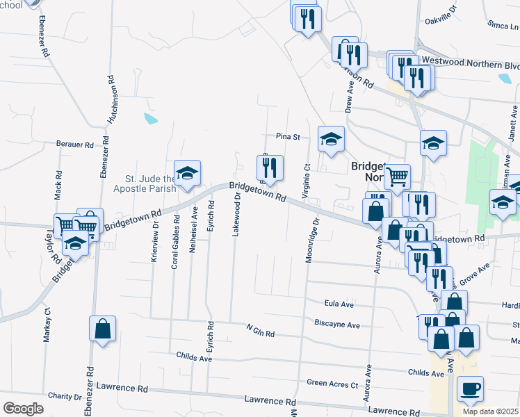 map of restaurants, bars, coffee shops, grocery stores, and more near 5799 Bridgetown Road in Cincinnati
