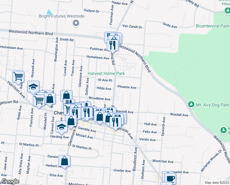 map of restaurants, bars, coffee shops, grocery stores, and more near 3916 North Bend Road in Cheviot