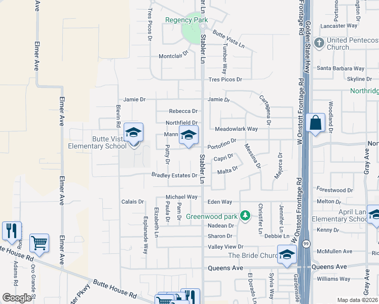 map of restaurants, bars, coffee shops, grocery stores, and more near 1644 Portofino Drive in Yuba City