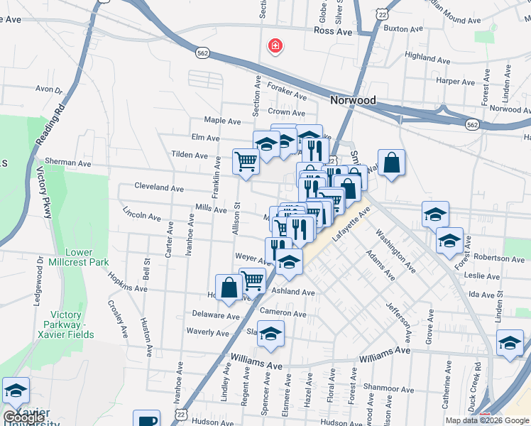 map of restaurants, bars, coffee shops, grocery stores, and more near 4501 Walter Avenue in Norwood