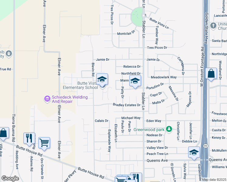 map of restaurants, bars, coffee shops, grocery stores, and more near 1798 Portofino Drive in Yuba City