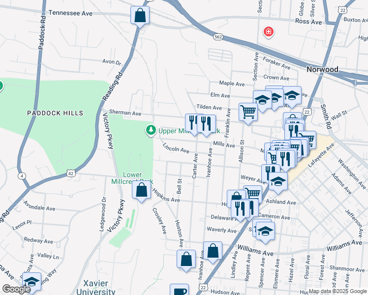 map of restaurants, bars, coffee shops, grocery stores, and more near 1750 Lincoln Avenue in Cincinnati