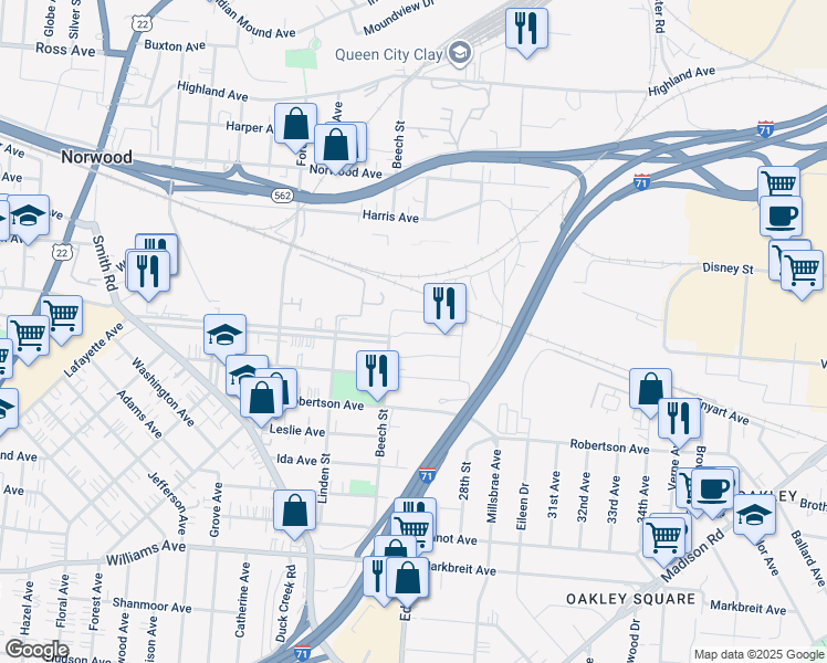 map of restaurants, bars, coffee shops, grocery stores, and more near 4590 Beech Street in Norwood