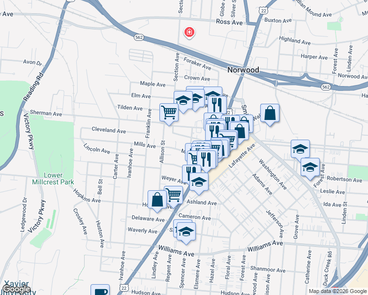 map of restaurants, bars, coffee shops, grocery stores, and more near 4501 Walter Avenue in Norwood