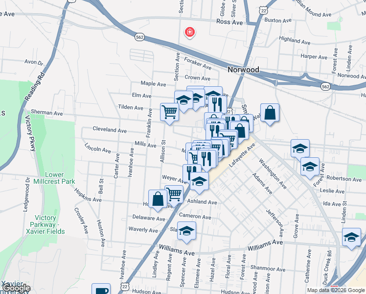 map of restaurants, bars, coffee shops, grocery stores, and more near 4501 Walter Avenue in Norwood