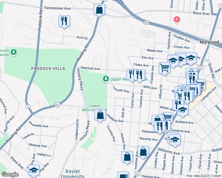 map of restaurants, bars, coffee shops, grocery stores, and more near 1703 Lincoln Avenue in Norwood