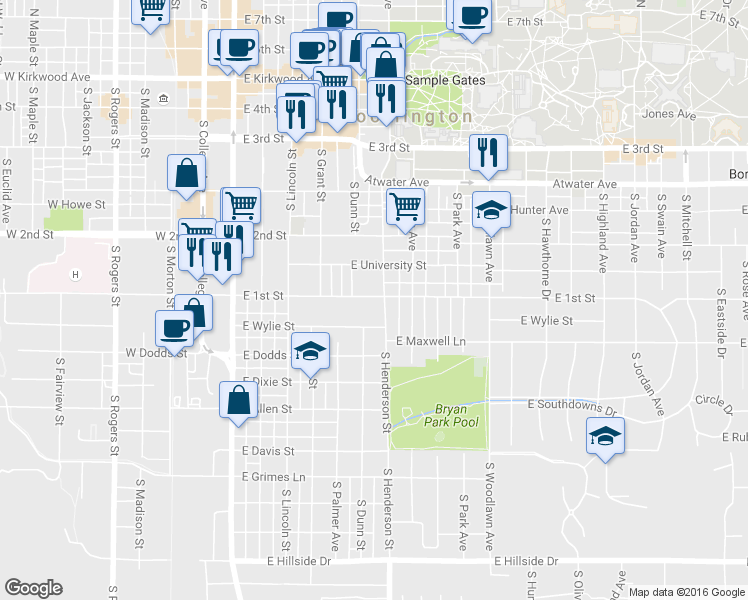 map of restaurants, bars, coffee shops, grocery stores, and more near 524 East 1st Street in Bloomington