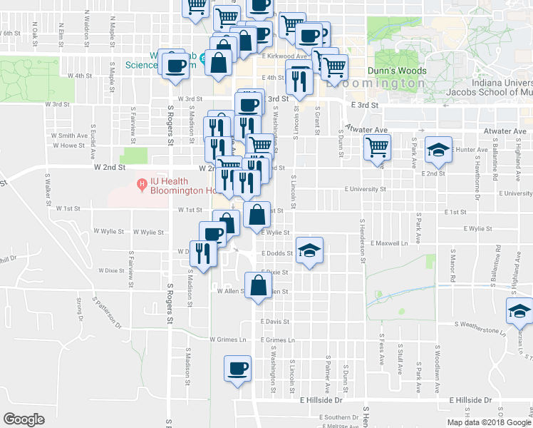 map of restaurants, bars, coffee shops, grocery stores, and more near 609 South Walnut Street in Bloomington