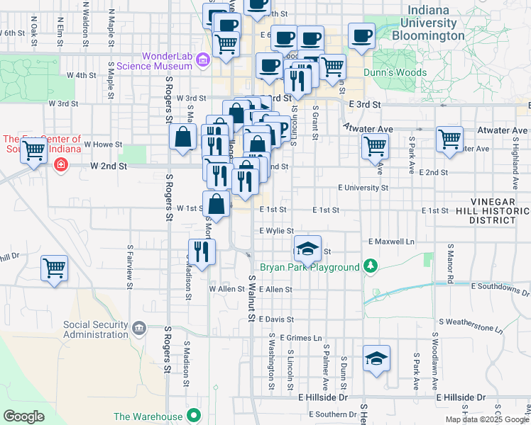 map of restaurants, bars, coffee shops, grocery stores, and more near 609 South Walnut Street in Bloomington