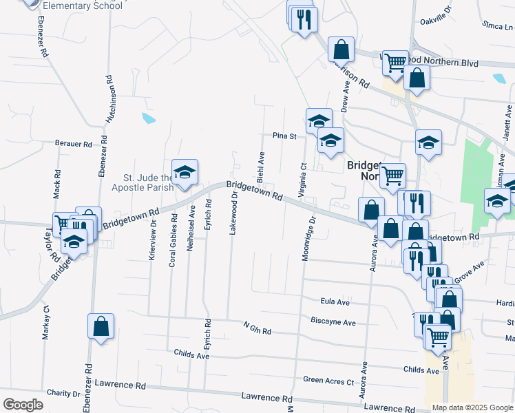 map of restaurants, bars, coffee shops, grocery stores, and more near Bridgetown Road in Hamilton County
