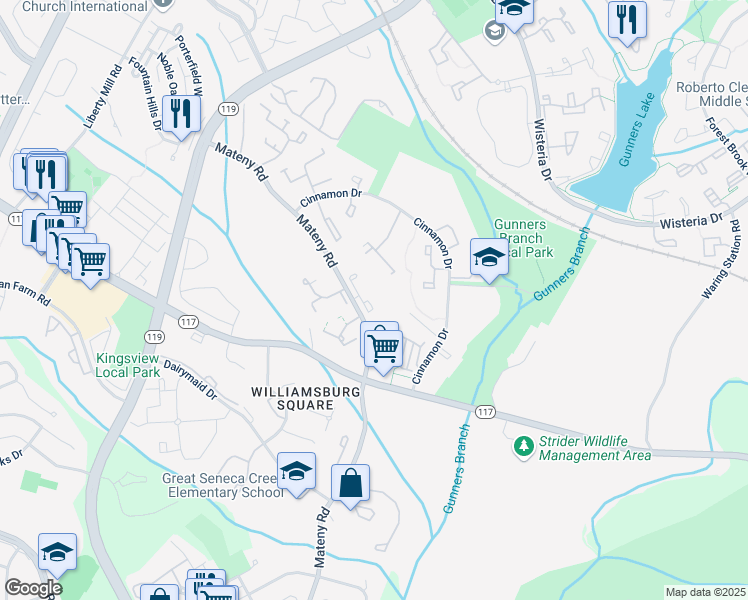 map of restaurants, bars, coffee shops, grocery stores, and more near 18545 Tarragon Way in Germantown