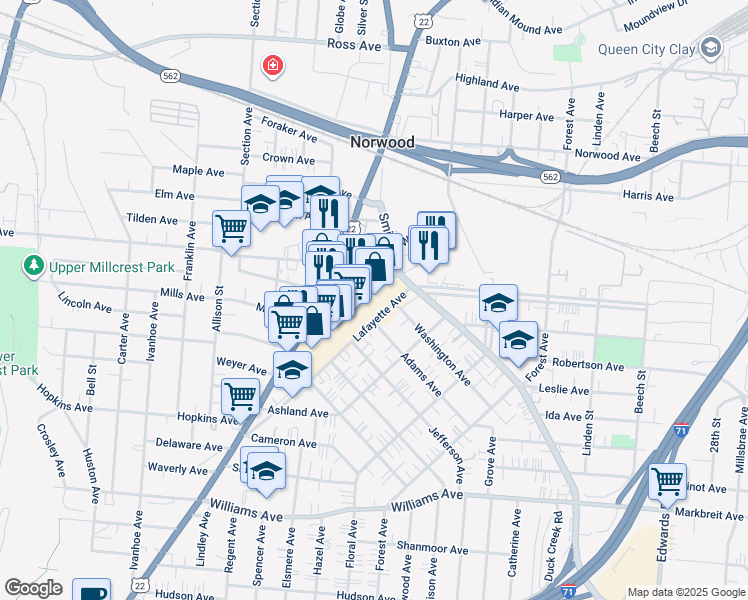 map of restaurants, bars, coffee shops, grocery stores, and more near 4582 Montgomery Road in Norwood