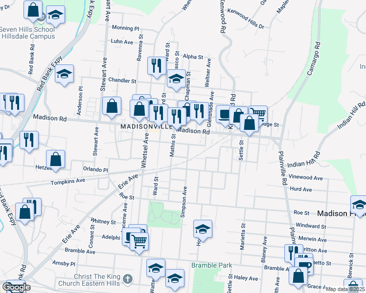 map of restaurants, bars, coffee shops, grocery stores, and more near 6119 Prentice Street in Cincinnati