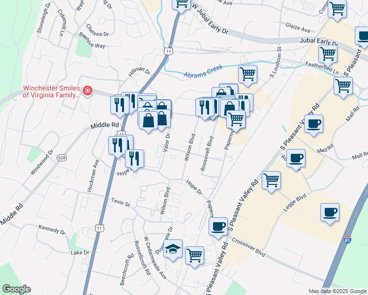 map of restaurants, bars, coffee shops, grocery stores, and more near 2261 Wilson Boulevard in Winchester