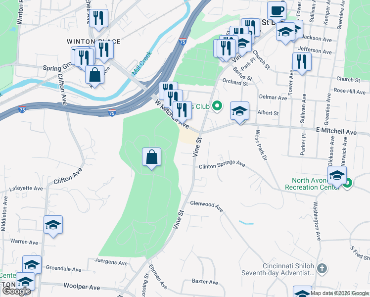 map of restaurants, bars, coffee shops, grocery stores, and more near 8 Parkwood Place in Cincinnati