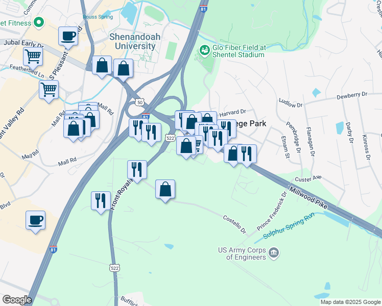 map of restaurants, bars, coffee shops, grocery stores, and more near 190 Delco Plaza in Winchester