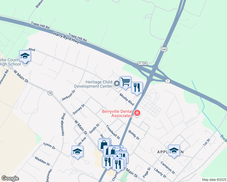 map of restaurants, bars, coffee shops, grocery stores, and more near 112 Liberty Street in Berryville