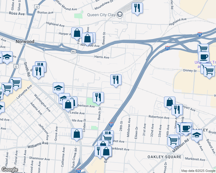 map of restaurants, bars, coffee shops, grocery stores, and more near 4590 Beech Street in Norwood