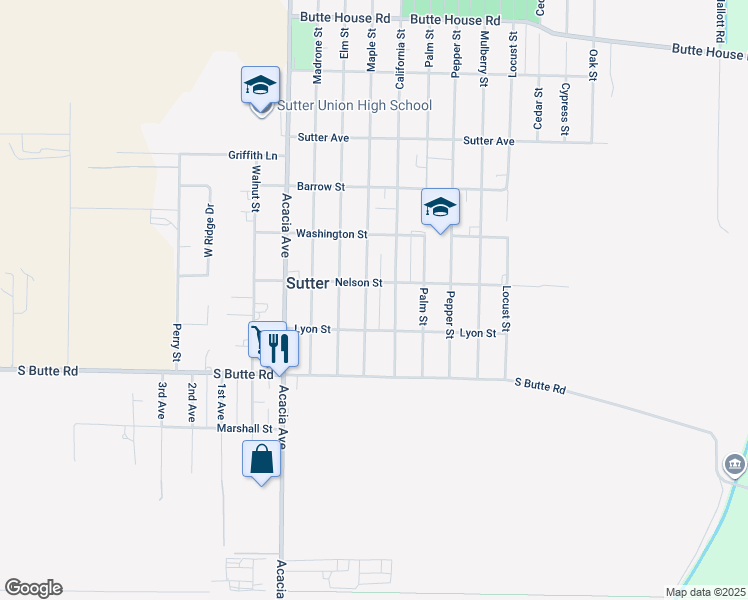 map of restaurants, bars, coffee shops, grocery stores, and more near 2150 Maple Street in Sutter