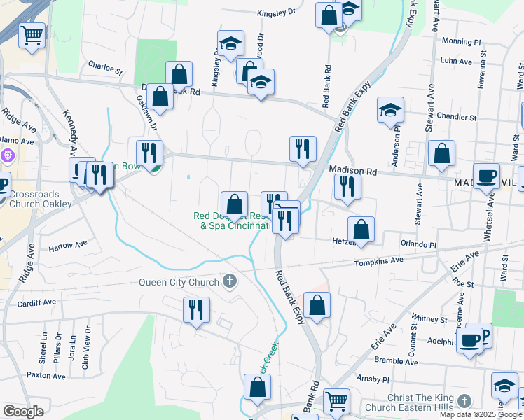map of restaurants, bars, coffee shops, grocery stores, and more near 5215 Herringbone Drive in Cincinnati