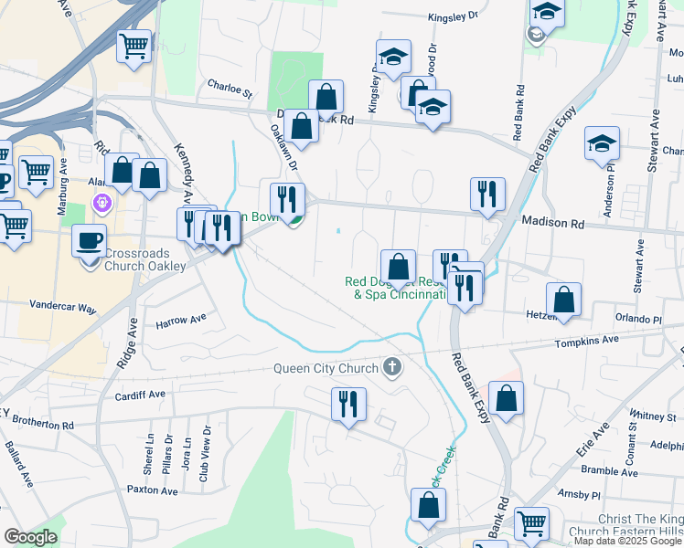 map of restaurants, bars, coffee shops, grocery stores, and more near 4905 Charlemar Drive in Cincinnati