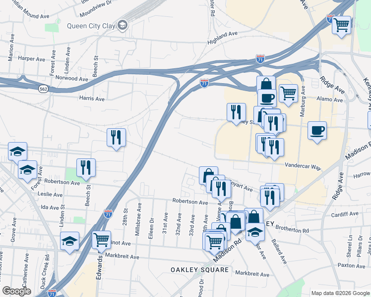 map of restaurants, bars, coffee shops, grocery stores, and more near 2931-2949 Enyart Ave in Cincinnati