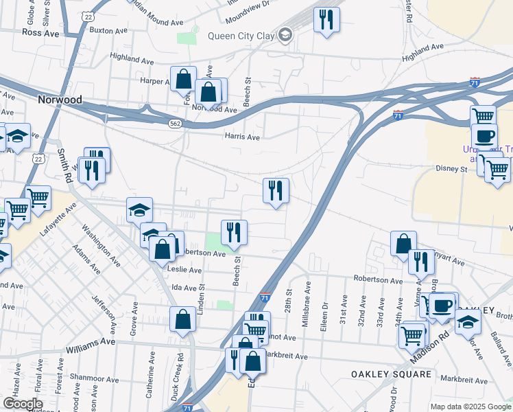 map of restaurants, bars, coffee shops, grocery stores, and more near 4590 Beech Street in Norwood