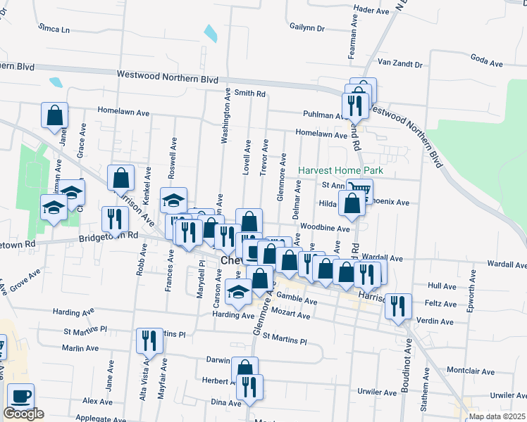 map of restaurants, bars, coffee shops, grocery stores, and more near 3720 Woodbine Avenue in Cincinnati