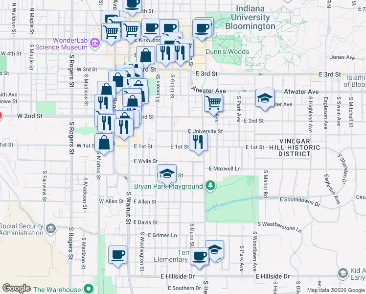 map of restaurants, bars, coffee shops, grocery stores, and more near 412 East 1st Street in Bloomington