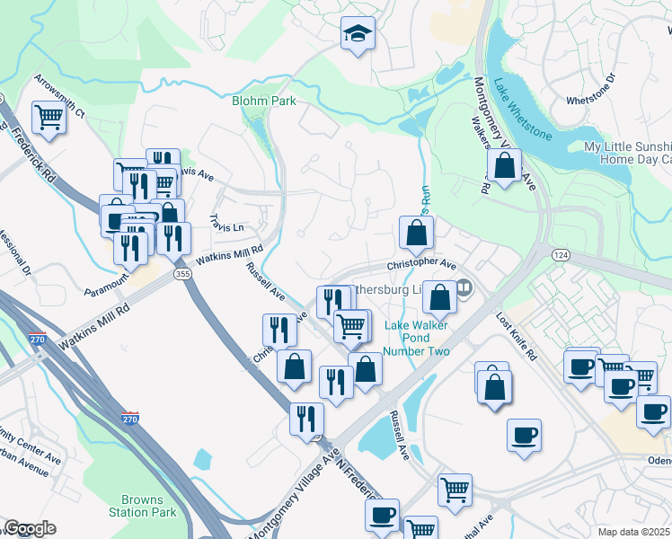 map of restaurants, bars, coffee shops, grocery stores, and more near 413 Christopher Avenue in Gaithersburg
