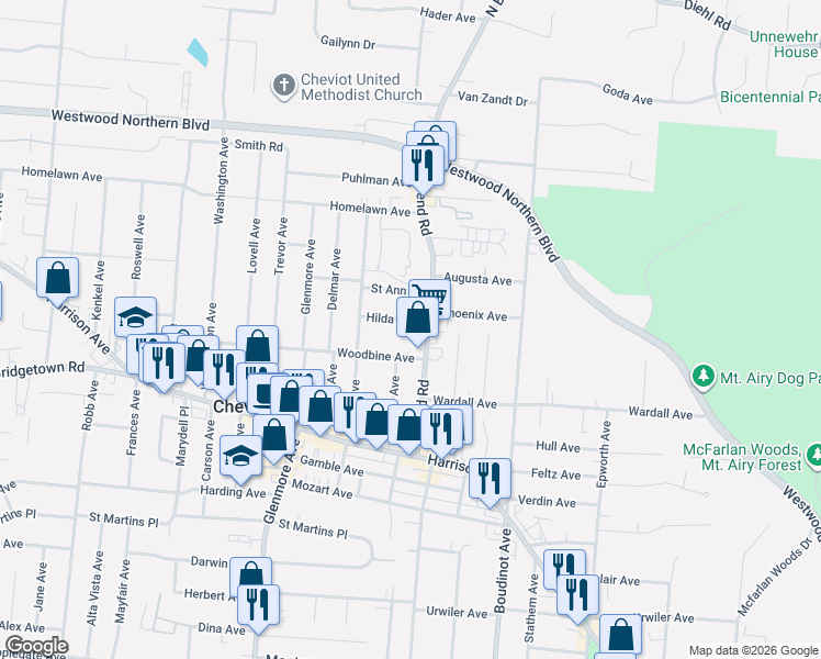 map of restaurants, bars, coffee shops, grocery stores, and more near 3916 North Bend Road in Cheviot