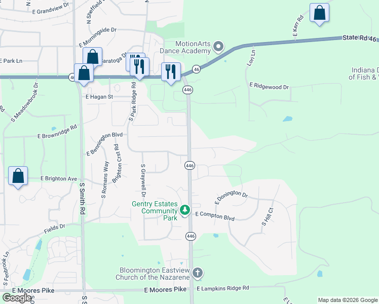 map of restaurants, bars, coffee shops, grocery stores, and more near State Highway 446 in Bloomington