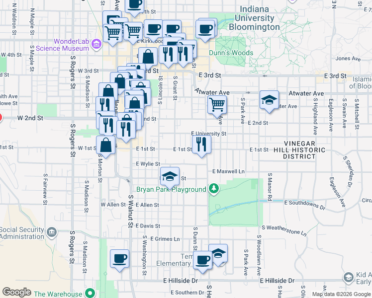 map of restaurants, bars, coffee shops, grocery stores, and more near 412 East 1st Street in Bloomington