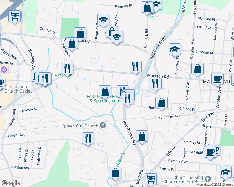 map of restaurants, bars, coffee shops, grocery stores, and more near 5215 Herringbone Drive in Cincinnati