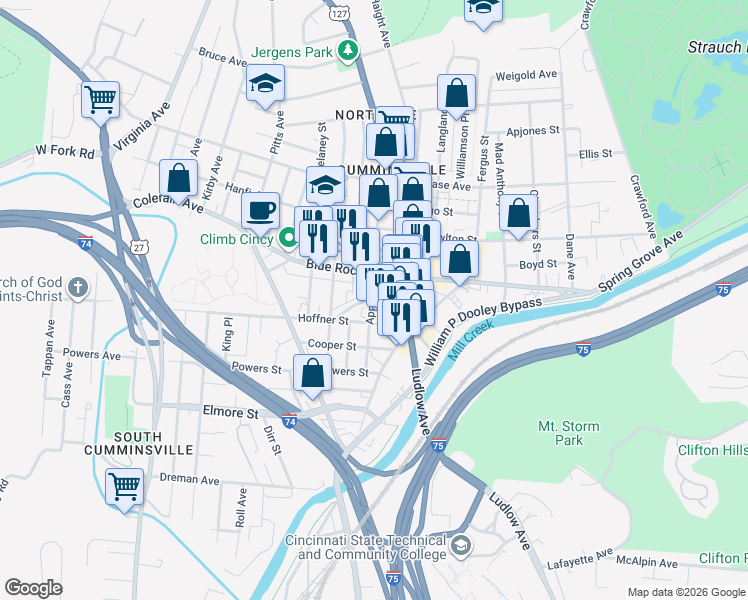 map of restaurants, bars, coffee shops, grocery stores, and more near 1643 Vandalia Avenue in Cincinnati
