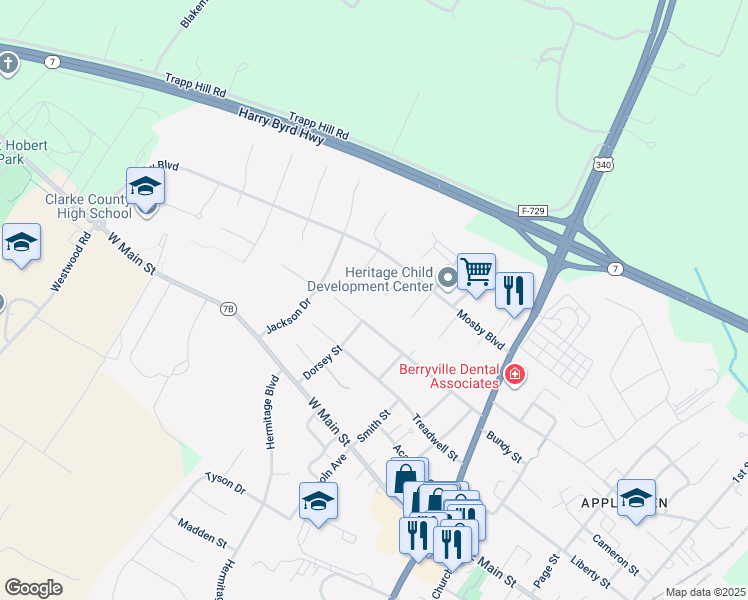 map of restaurants, bars, coffee shops, grocery stores, and more near 112 Liberty Street in Berryville