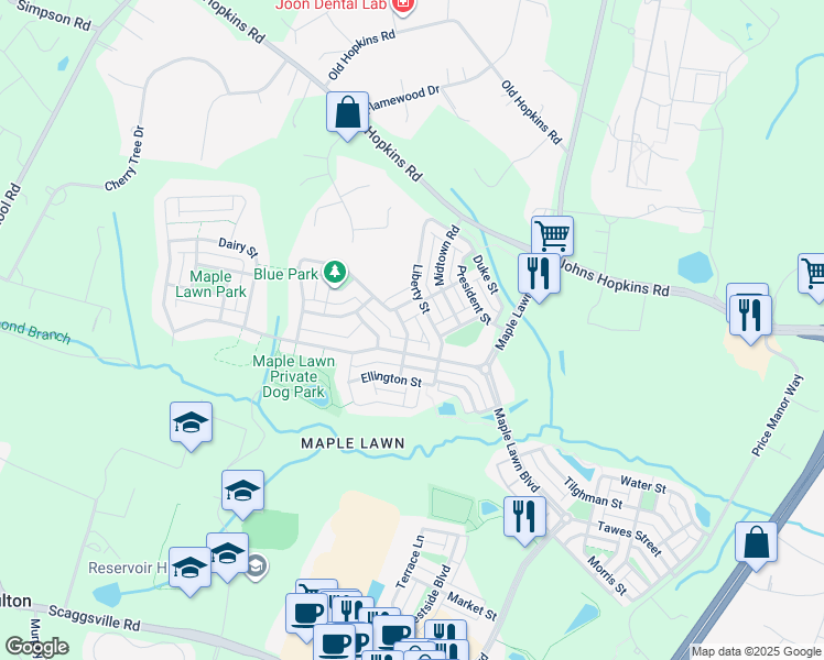 map of restaurants, bars, coffee shops, grocery stores, and more near 7619 Mulberry Street in Fulton