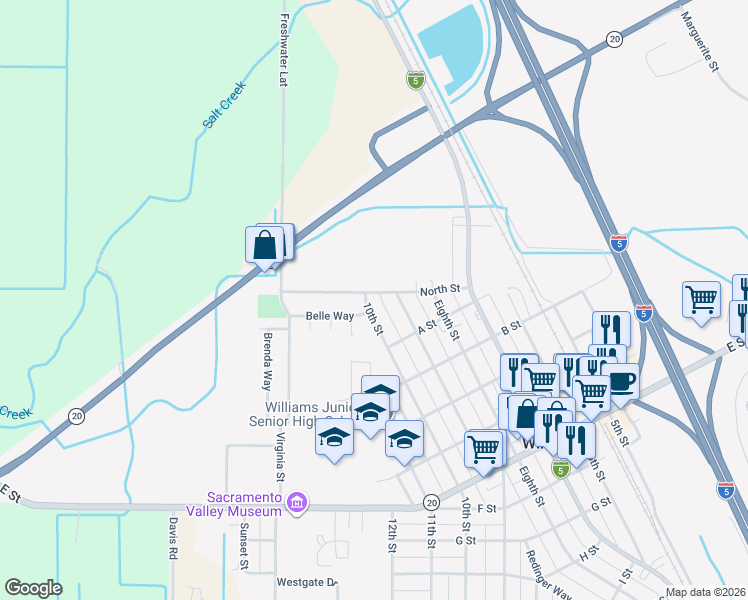 map of restaurants, bars, coffee shops, grocery stores, and more near 13 10th Street in Williams