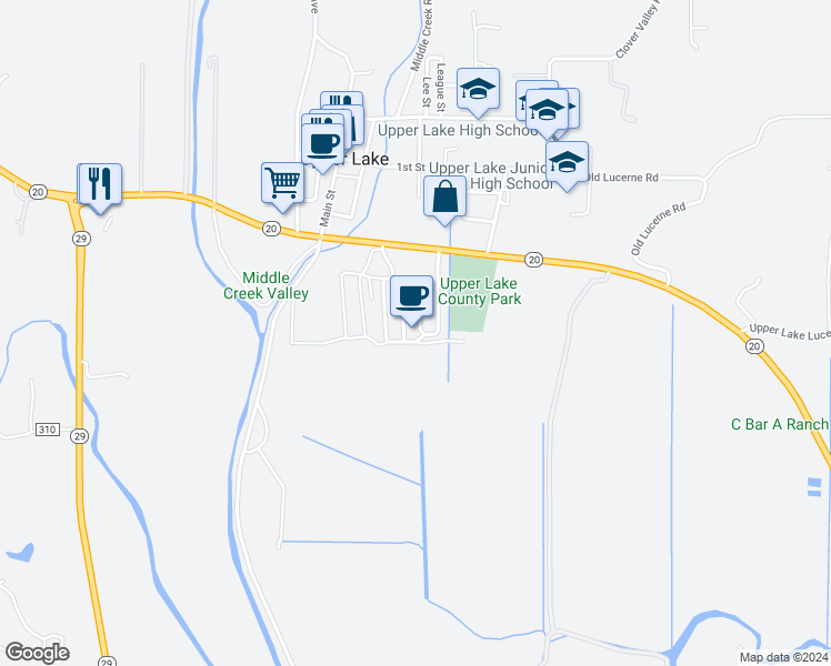 map of restaurants, bars, coffee shops, grocery stores, and more near 375 California 20 in Upper Lake